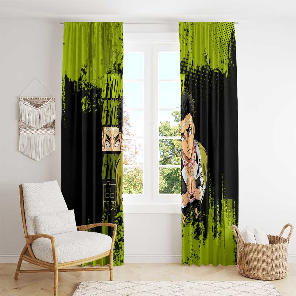 Gyomei Himejima Demon Slayer Bold Green Theme Window Curtain with Prayer Pose and Intense Expression Design - The Mazicc