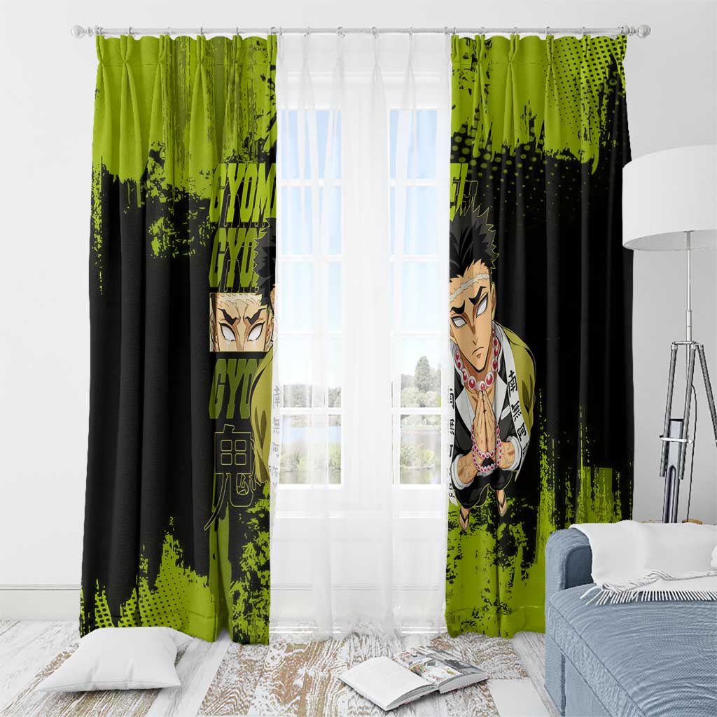 Gyomei Himejima Demon Slayer Bold Green Theme Window Curtain with Prayer Pose and Intense Expression Design - The Mazicc