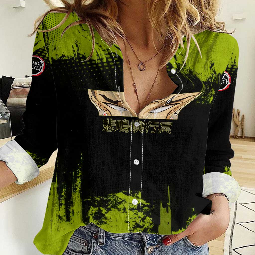 Gyomei Himejima Demon Slayer Bold Green Theme Women Casual Shirt with Prayer Pose and Intense Expression Design - The Mazicc