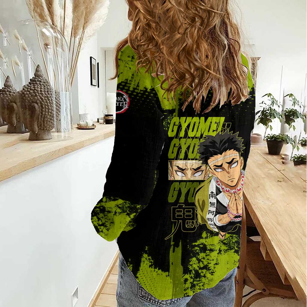 Gyomei Himejima Demon Slayer Bold Green Theme Women Casual Shirt with Prayer Pose and Intense Expression Design - The Mazicc
