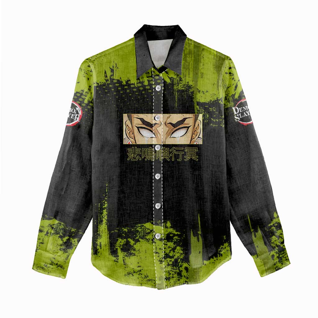 Gyomei Himejima Demon Slayer Bold Green Theme Women Casual Shirt with Prayer Pose and Intense Expression Design - The Mazicc