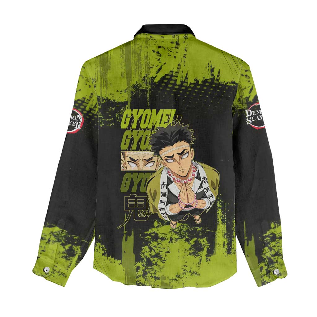 Gyomei Himejima Demon Slayer Bold Green Theme Women Casual Shirt with Prayer Pose and Intense Expression Design - The Mazicc