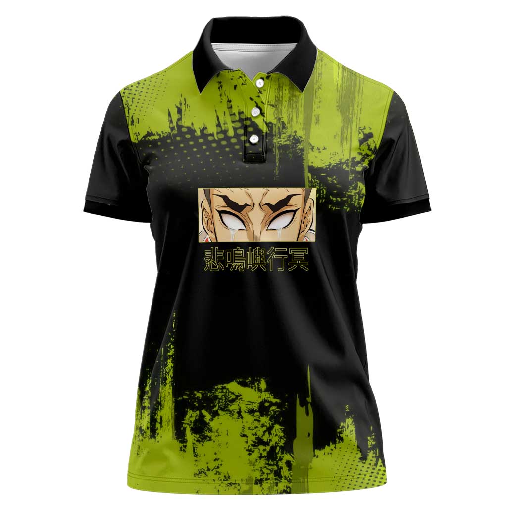 Gyomei Himejima Demon Slayer Bold Green Theme Women Polo Shirt with Prayer Pose and Intense Expression Design - The Mazicc