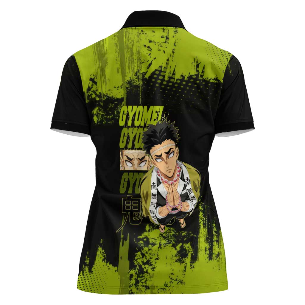 Gyomei Himejima Demon Slayer Bold Green Theme Women Polo Shirt with Prayer Pose and Intense Expression Design - The Mazicc