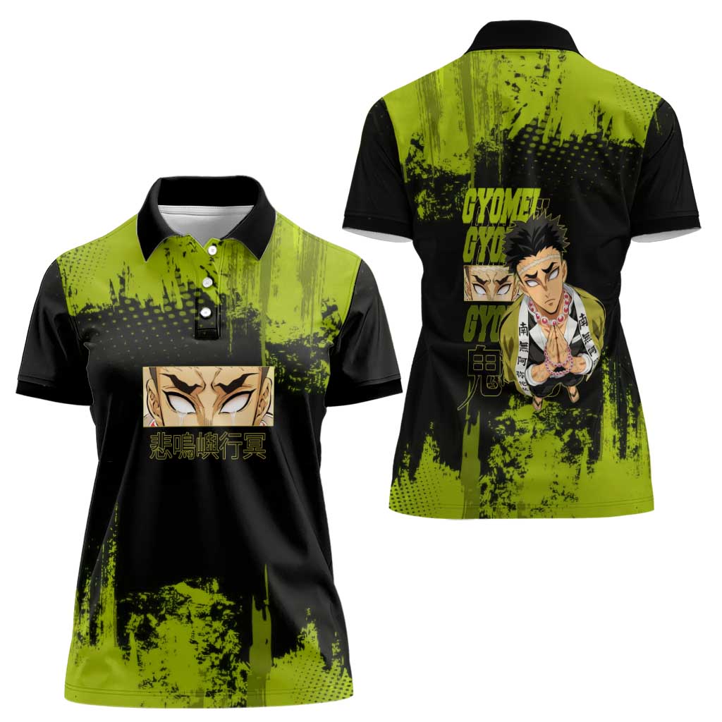 Gyomei Himejima Demon Slayer Bold Green Theme Women Polo Shirt with Prayer Pose and Intense Expression Design - The Mazicc