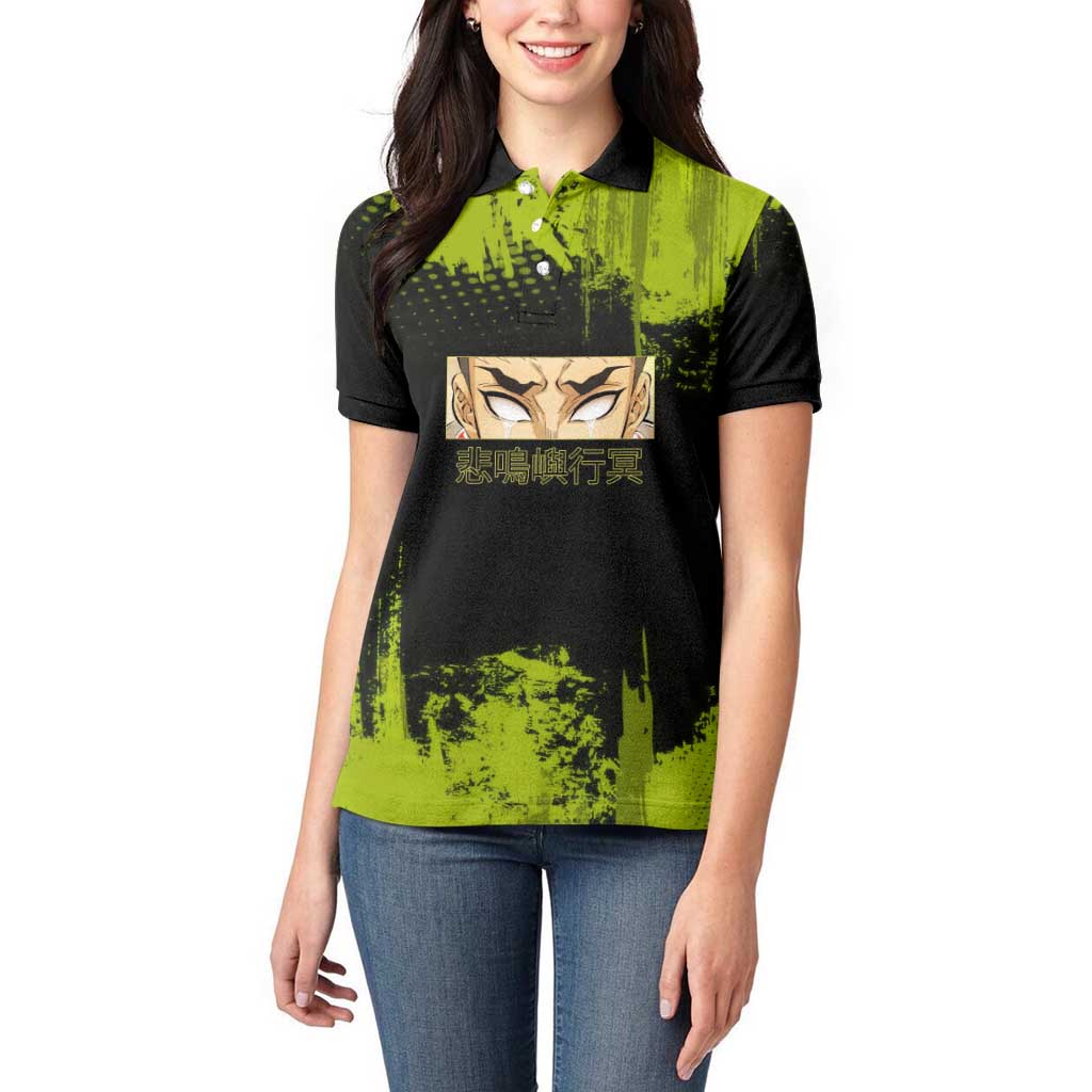Gyomei Himejima Demon Slayer Bold Green Theme Women Polo Shirt with Prayer Pose and Intense Expression Design - The Mazicc