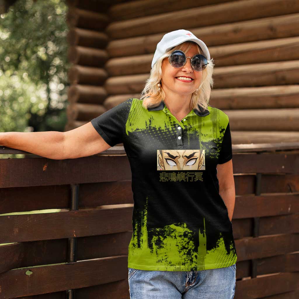 Gyomei Himejima Demon Slayer Bold Green Theme Women Polo Shirt with Prayer Pose and Intense Expression Design - The Mazicc