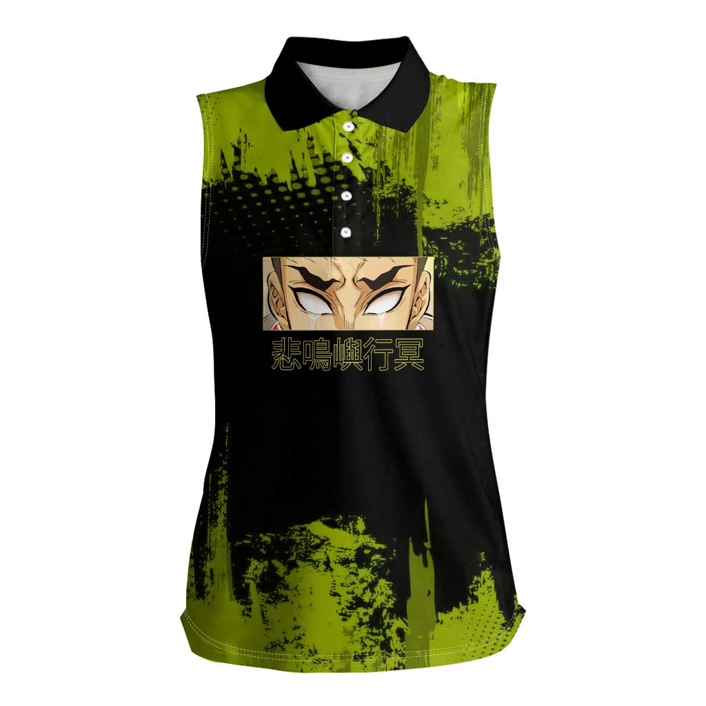 Gyomei Himejima Demon Slayer Bold Green Theme Women Sleeveless Polo Shirt with Prayer Pose and Intense Expression Design - The Mazicc