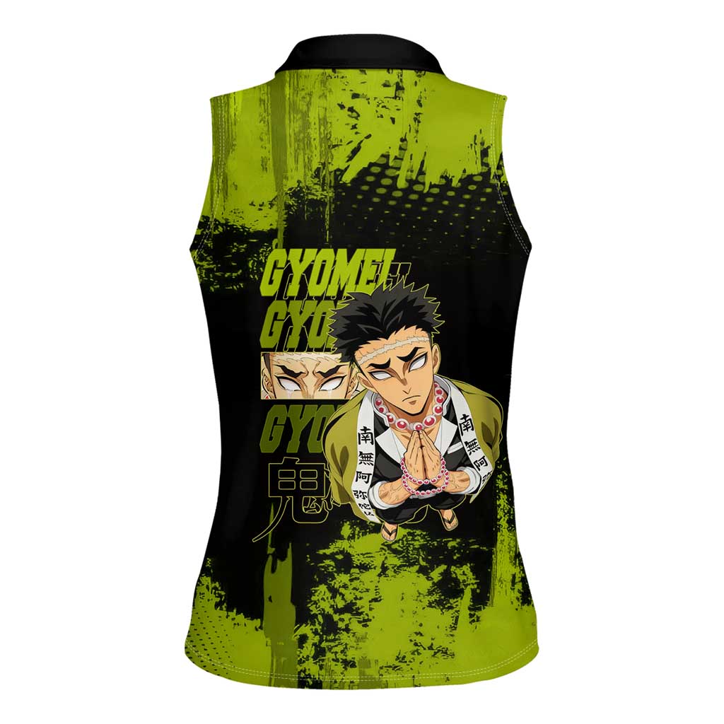 Gyomei Himejima Demon Slayer Bold Green Theme Women Sleeveless Polo Shirt with Prayer Pose and Intense Expression Design - The Mazicc