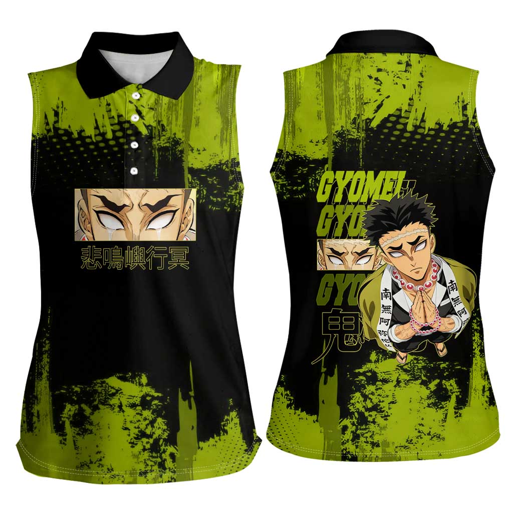 Gyomei Himejima Demon Slayer Bold Green Theme Women Sleeveless Polo Shirt with Prayer Pose and Intense Expression Design - The Mazicc