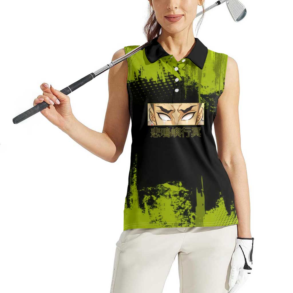 Gyomei Himejima Demon Slayer Bold Green Theme Women Sleeveless Polo Shirt with Prayer Pose and Intense Expression Design - The Mazicc