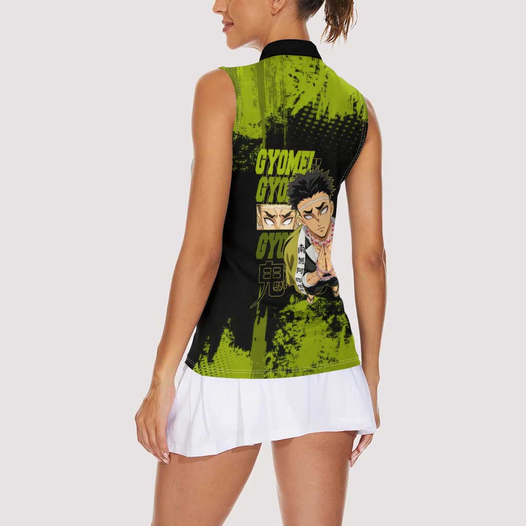 Gyomei Himejima Demon Slayer Bold Green Theme Women Sleeveless Polo Shirt with Prayer Pose and Intense Expression Design - The Mazicc