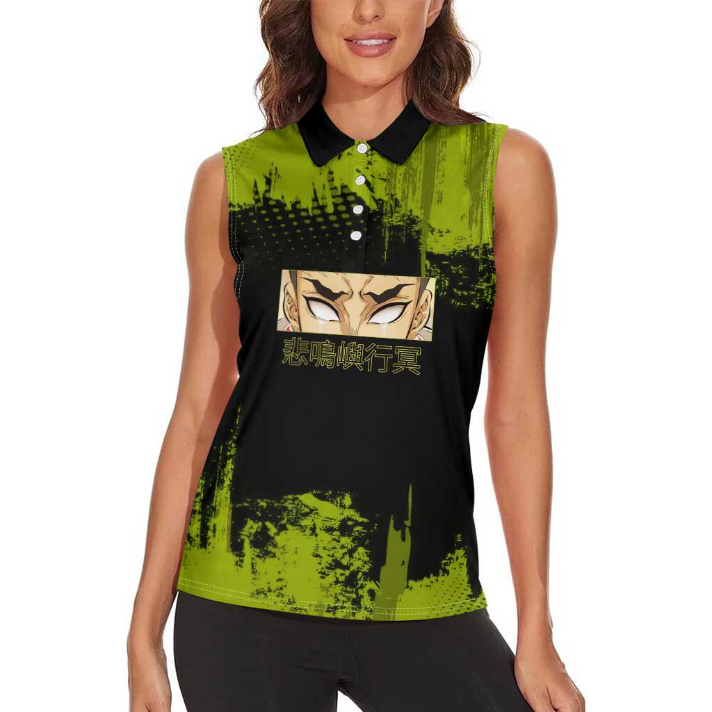 Gyomei Himejima Demon Slayer Bold Green Theme Women Sleeveless Polo Shirt with Prayer Pose and Intense Expression Design - The Mazicc