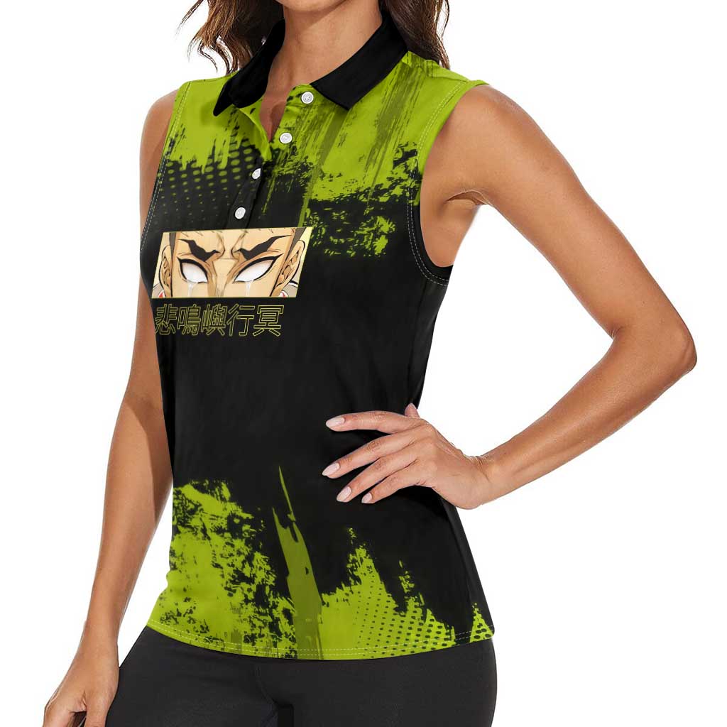 Gyomei Himejima Demon Slayer Bold Green Theme Women Sleeveless Polo Shirt with Prayer Pose and Intense Expression Design - The Mazicc