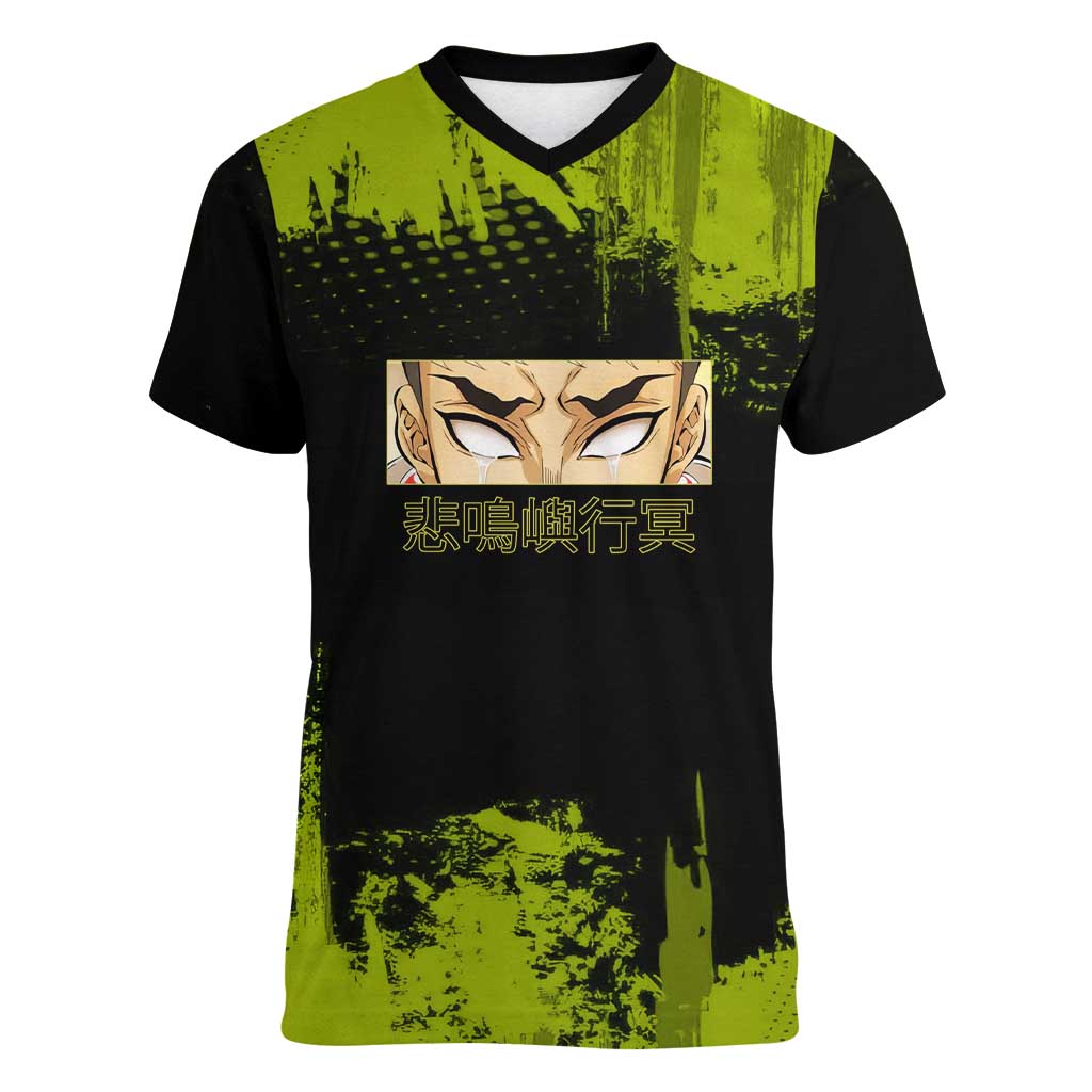 Gyomei Himejima Demon Slayer Bold Green Theme Women V-Neck T-Shirt with Prayer Pose and Intense Expression Design - The Mazicc