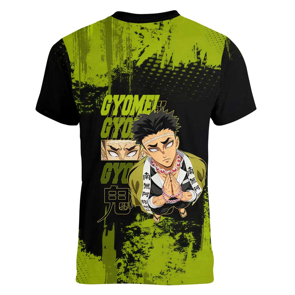 Gyomei Himejima Demon Slayer Bold Green Theme Women V-Neck T-Shirt with Prayer Pose and Intense Expression Design - The Mazicc