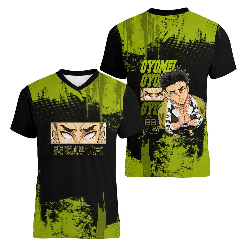 Gyomei Himejima Demon Slayer Bold Green Theme Women V-Neck T-Shirt with Prayer Pose and Intense Expression Design - The Mazicc