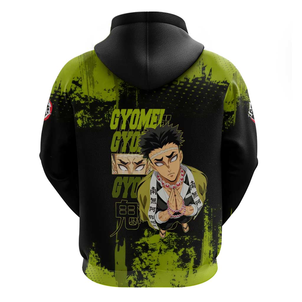 Gyomei Himejima Demon Slayer Bold Green Theme Zip Hoodie with Prayer Pose and Intense Expression Design - The Mazicc