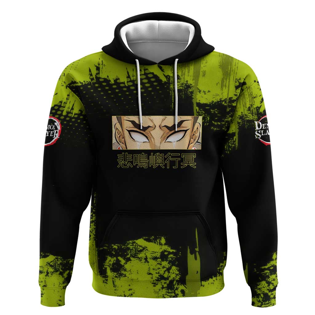 Gyomei Himejima Demon Slayer Bold Green Theme Zip Hoodie with Prayer Pose and Intense Expression Design - The Mazicc