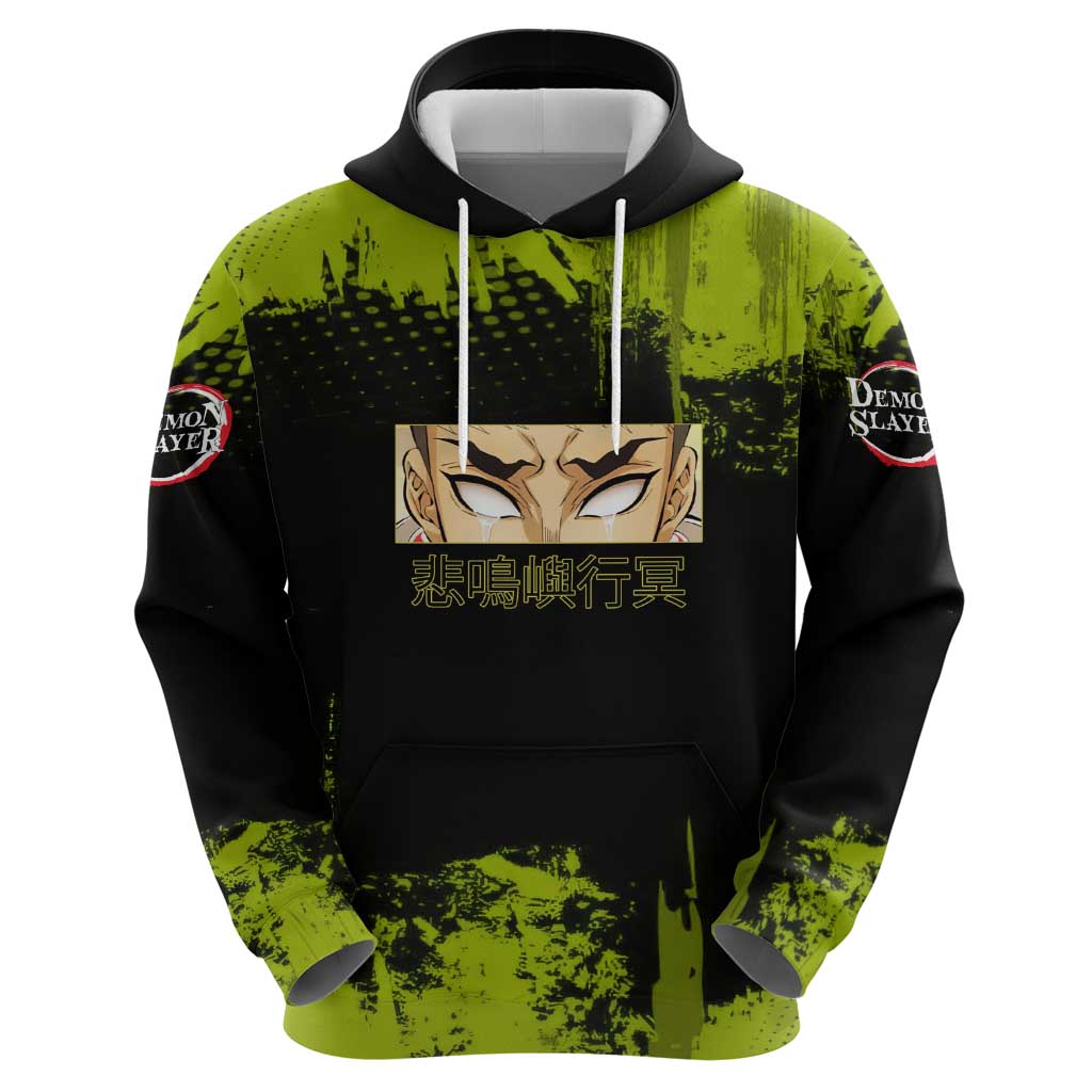 Gyomei Himejima Demon Slayer Bold Green Theme Zip Hoodie with Prayer Pose and Intense Expression Design - The Mazicc