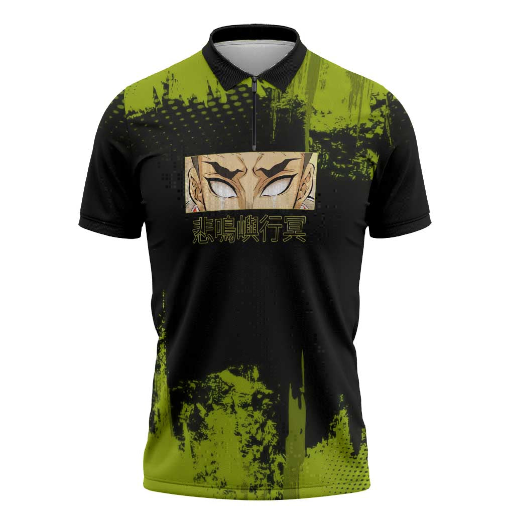 Gyomei Himejima Demon Slayer Bold Green Theme Zipper Polo Shirt with Prayer Pose and Intense Expression Design - The Mazicc