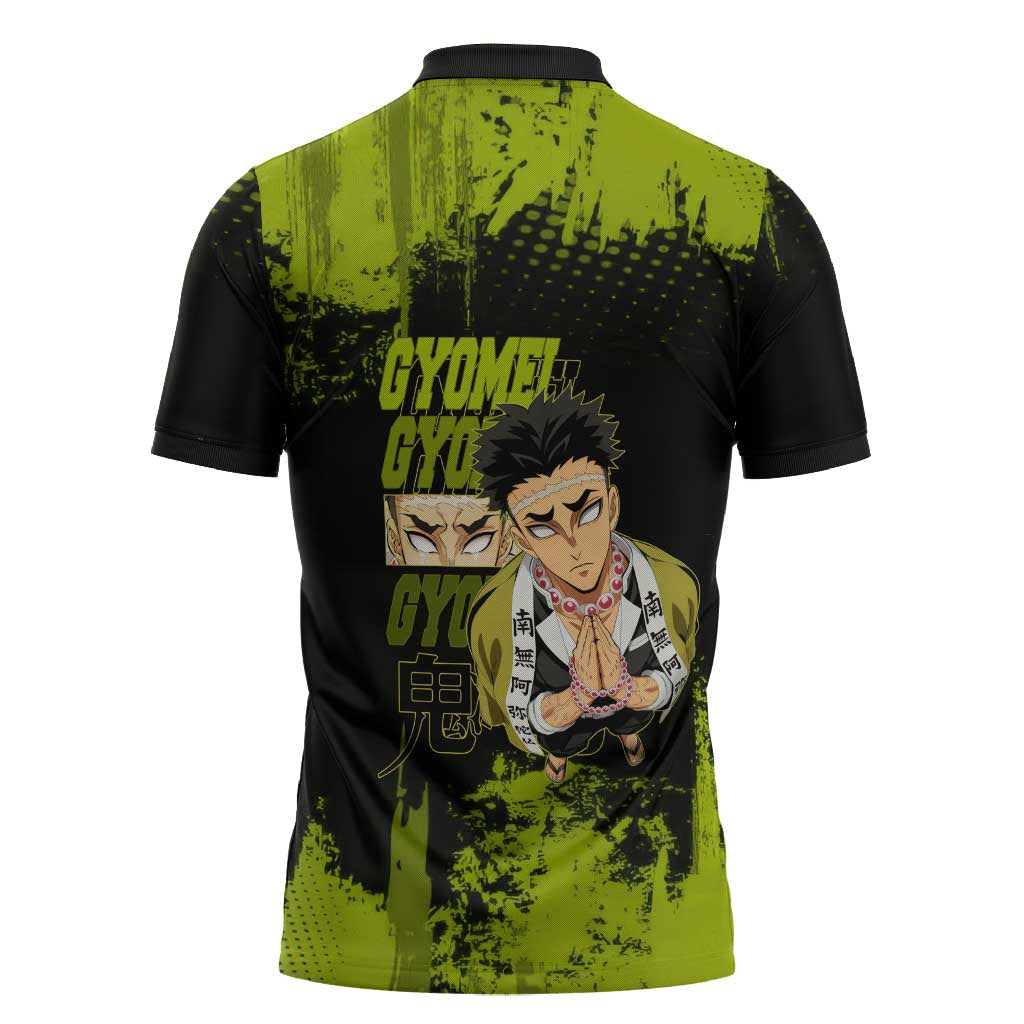 Gyomei Himejima Demon Slayer Bold Green Theme Zipper Polo Shirt with Prayer Pose and Intense Expression Design - The Mazicc