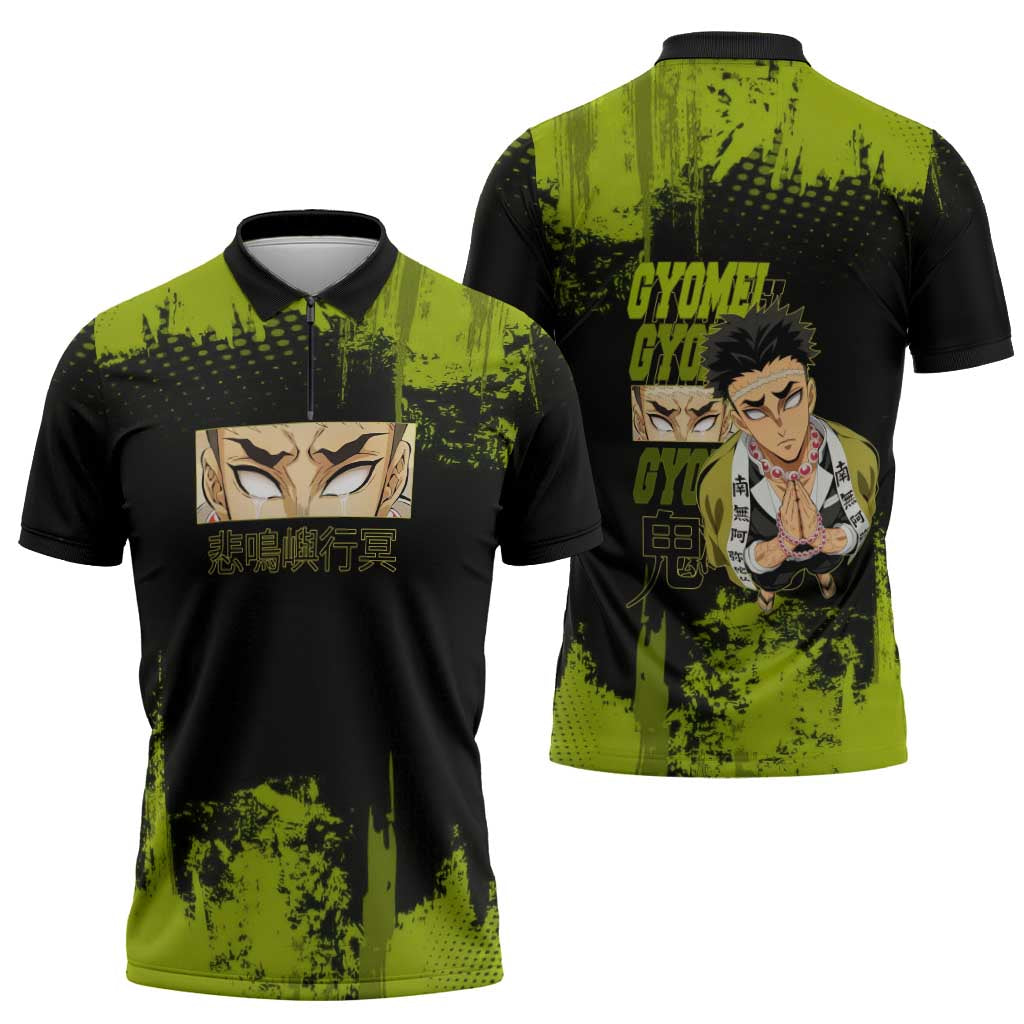 Gyomei Himejima Demon Slayer Bold Green Theme Zipper Polo Shirt with Prayer Pose and Intense Expression Design - The Mazicc