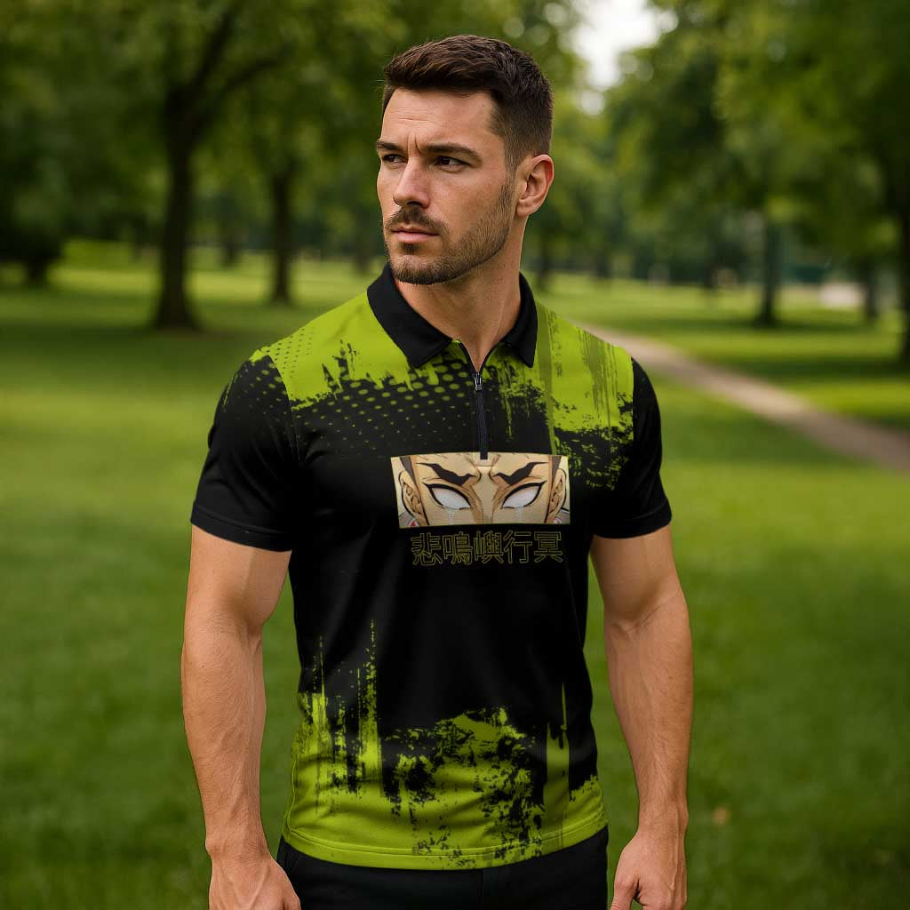 Gyomei Himejima Demon Slayer Bold Green Theme Zipper Polo Shirt with Prayer Pose and Intense Expression Design - The Mazicc