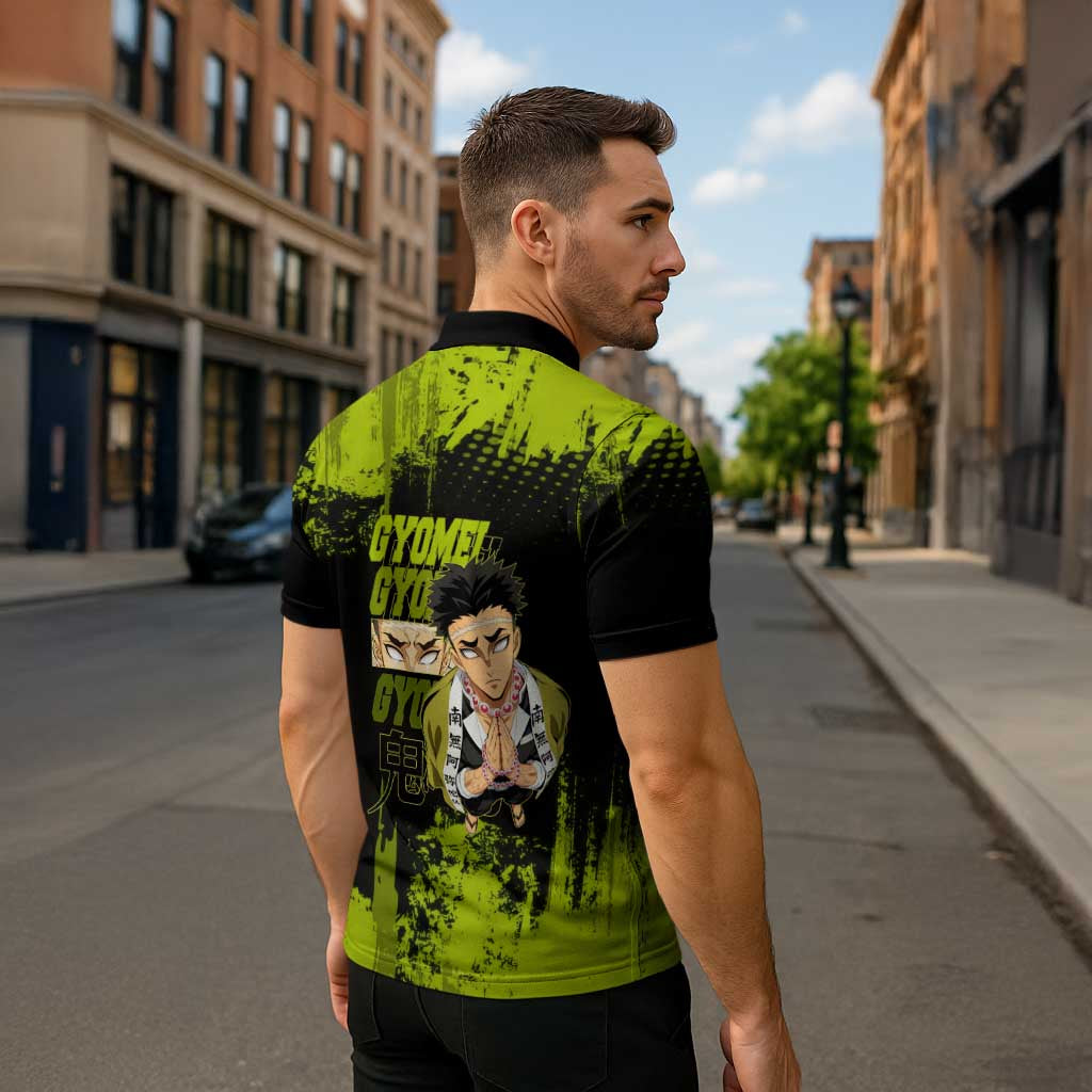 Gyomei Himejima Demon Slayer Bold Green Theme Zipper Polo Shirt with Prayer Pose and Intense Expression Design - The Mazicc