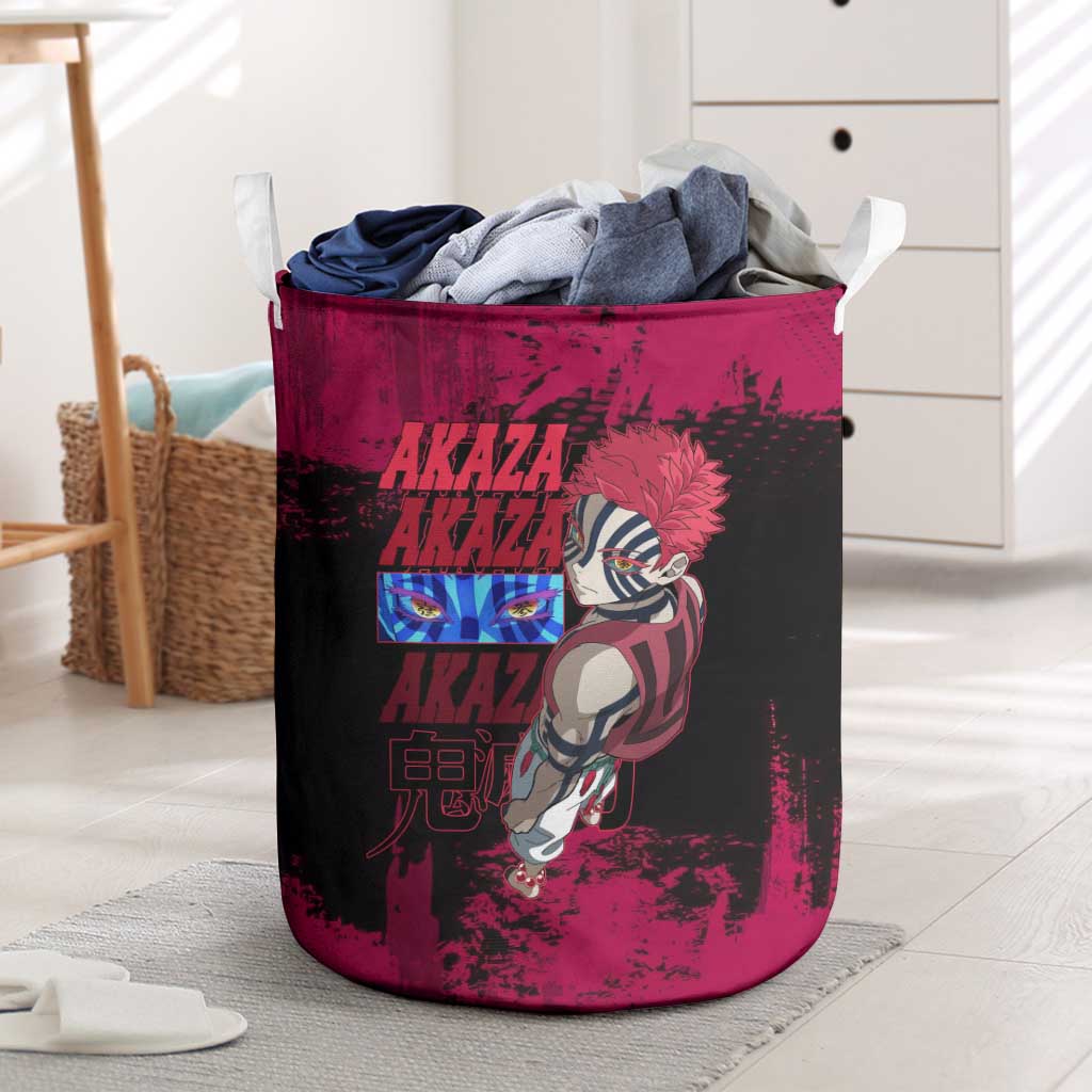 Akaza Demon Slayer Intense Eyes Design Laundry Basket with Red and Black Grunge Aesthetic and Dynamic Pose - The Mazicc