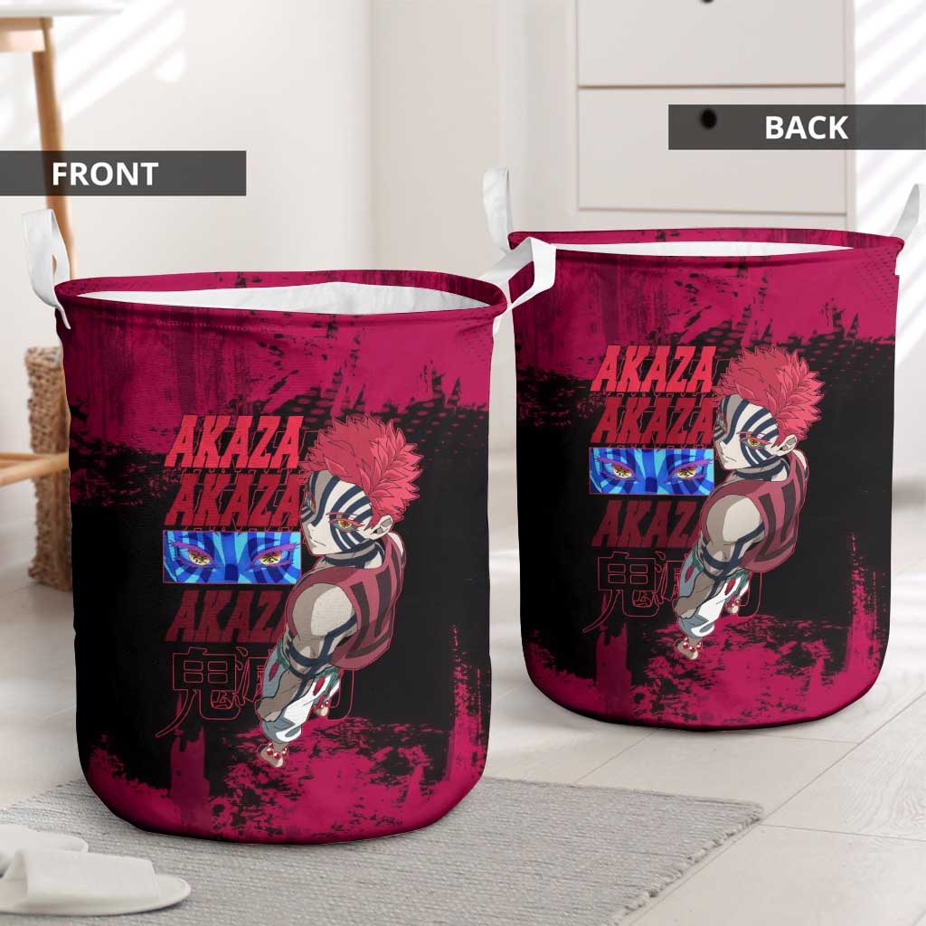 Akaza Demon Slayer Intense Eyes Design Laundry Basket with Red and Black Grunge Aesthetic and Dynamic Pose - The Mazicc
