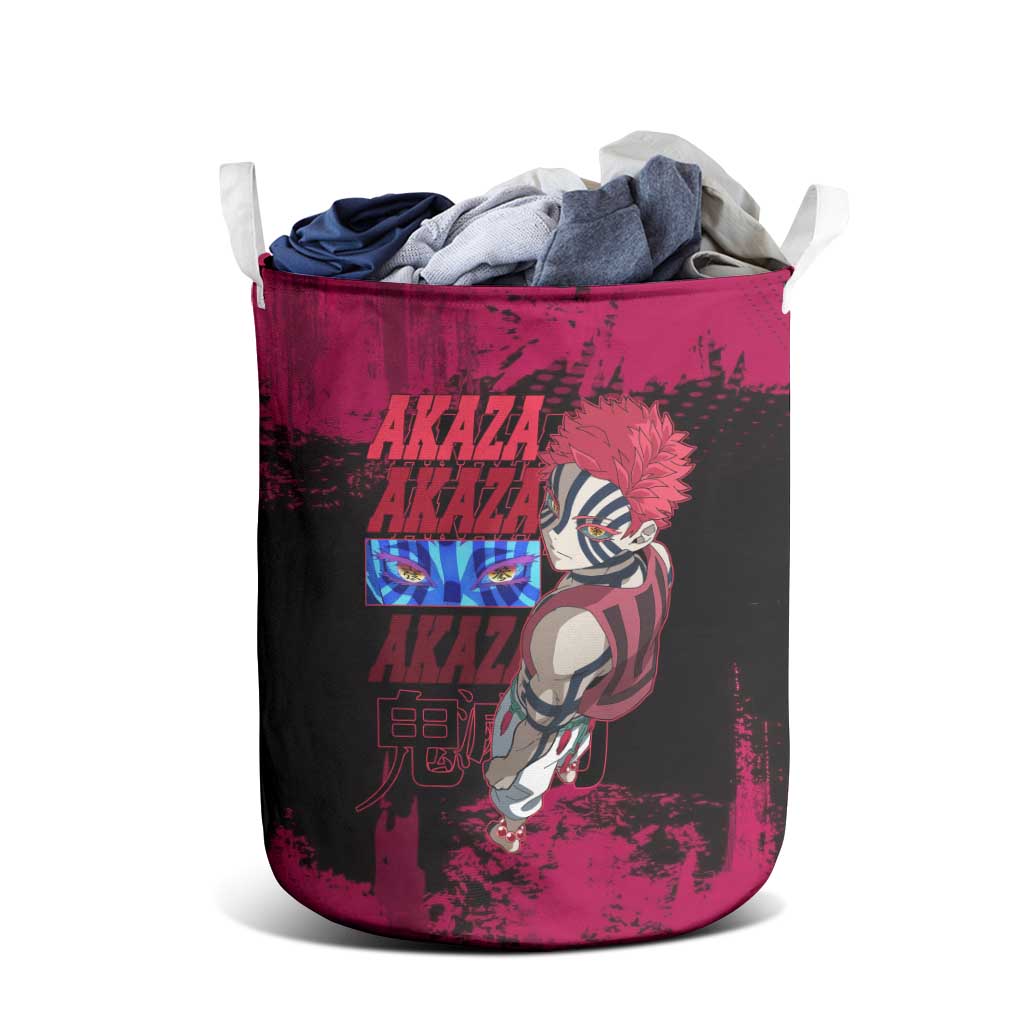 Akaza Demon Slayer Intense Eyes Design Laundry Basket with Red and Black Grunge Aesthetic and Dynamic Pose - The Mazicc