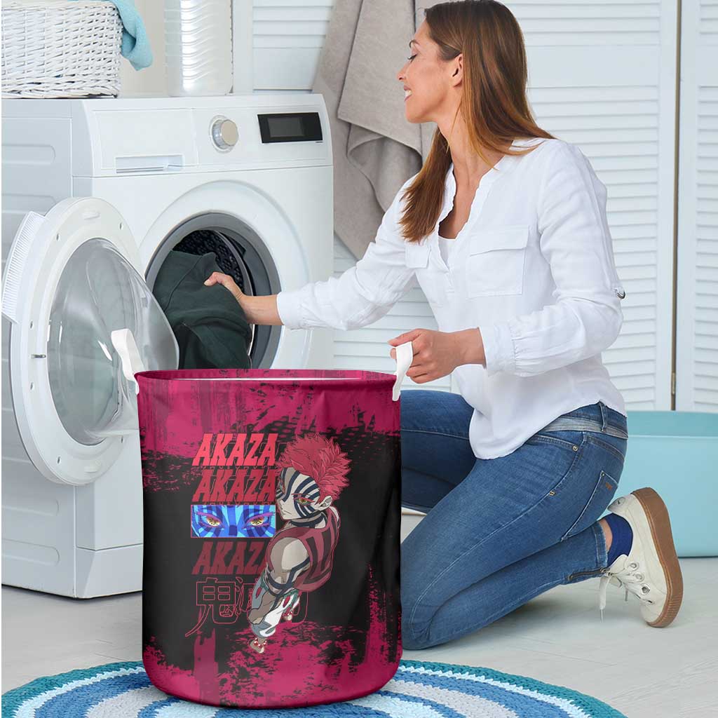 Akaza Demon Slayer Intense Eyes Design Laundry Basket with Red and Black Grunge Aesthetic and Dynamic Pose - The Mazicc