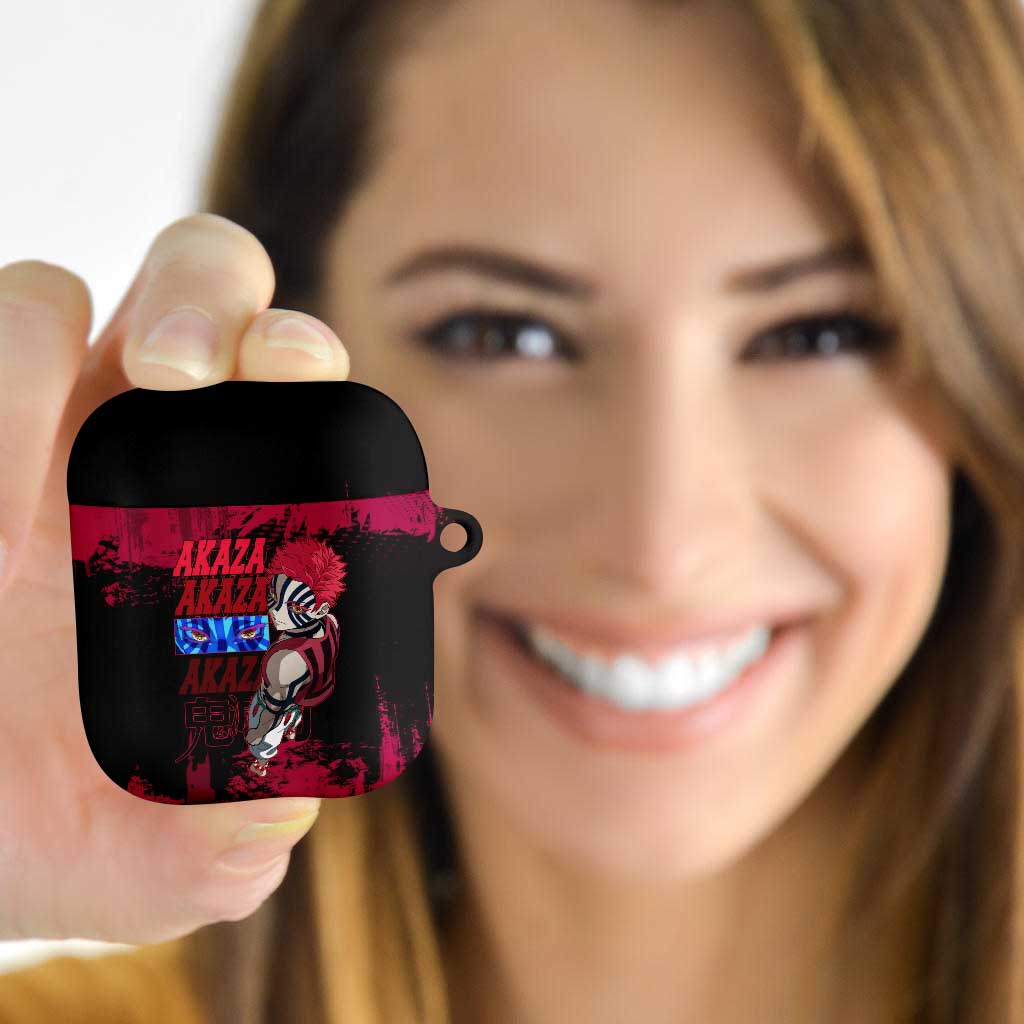 Akaza Demon Slayer Intense Eyes Design AirPods Case with Red and Black Grunge Aesthetic and Dynamic Pose - The Mazicc
