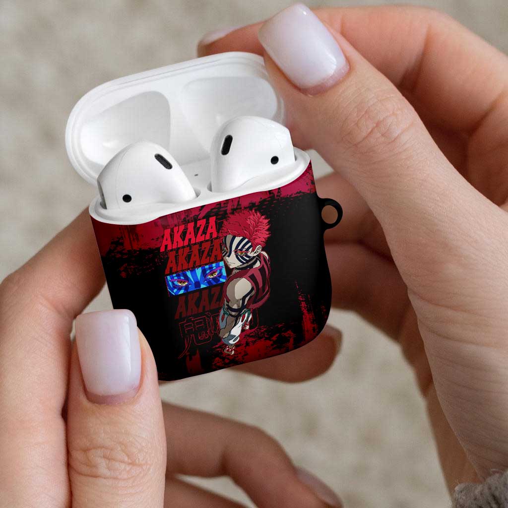 Akaza Demon Slayer Intense Eyes Design AirPods Case with Red and Black Grunge Aesthetic and Dynamic Pose - The Mazicc