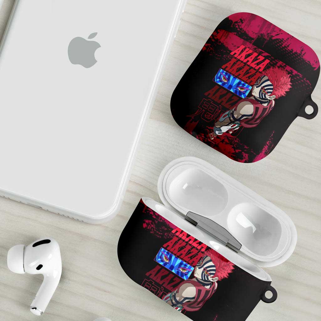 Akaza Demon Slayer Intense Eyes Design AirPods Case with Red and Black Grunge Aesthetic and Dynamic Pose - The Mazicc