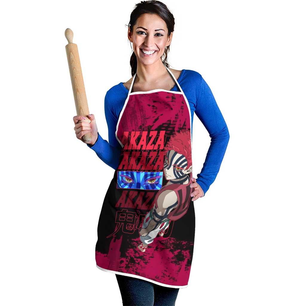 Akaza Demon Slayer Intense Eyes Design Apron with Red and Black Grunge Aesthetic and Dynamic Pose - The Mazicc