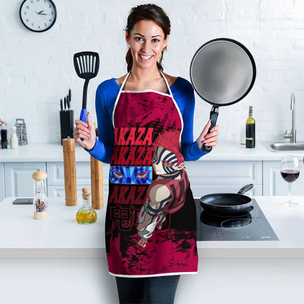 Akaza Demon Slayer Intense Eyes Design Apron with Red and Black Grunge Aesthetic and Dynamic Pose - The Mazicc