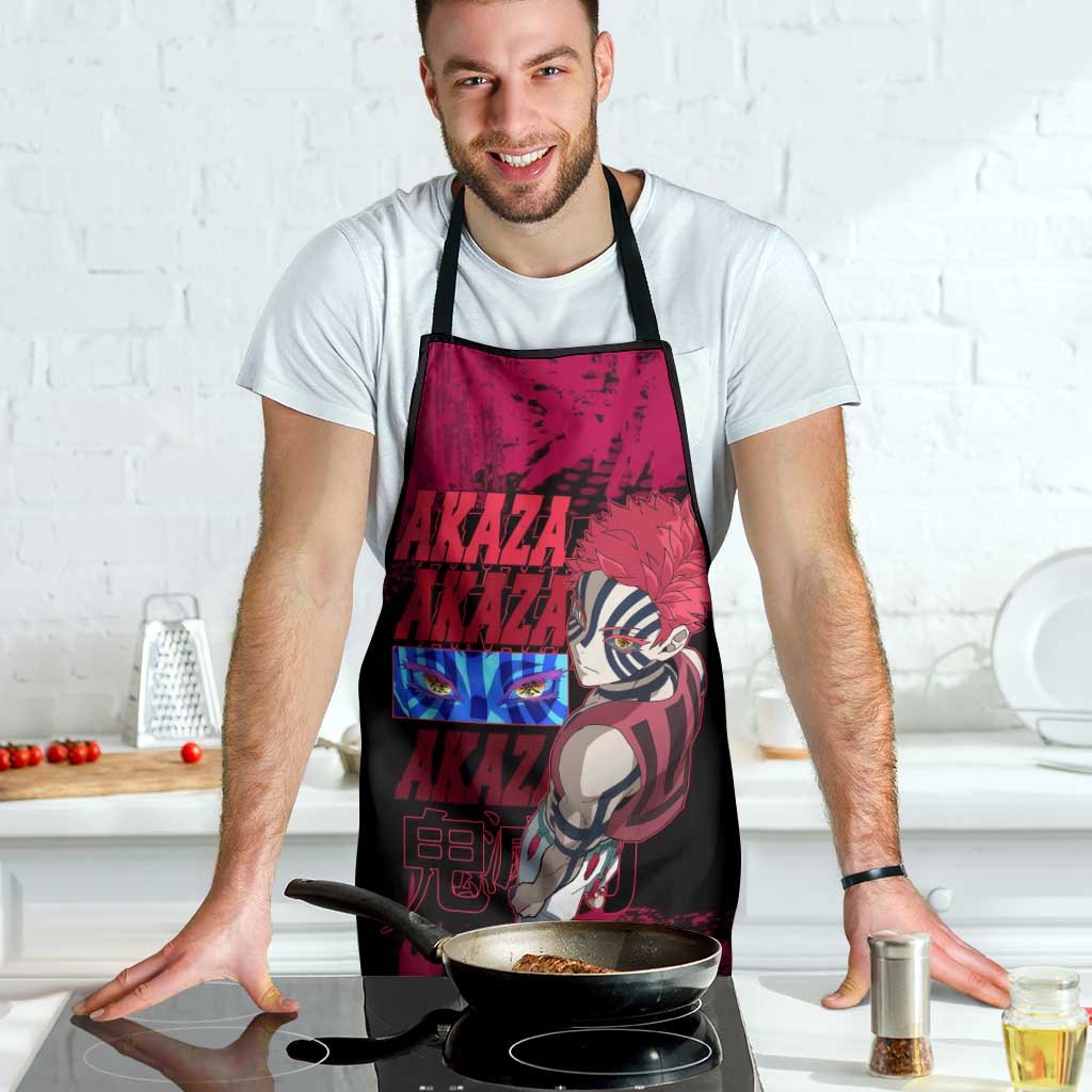Akaza Demon Slayer Intense Eyes Design Apron with Red and Black Grunge Aesthetic and Dynamic Pose - The Mazicc