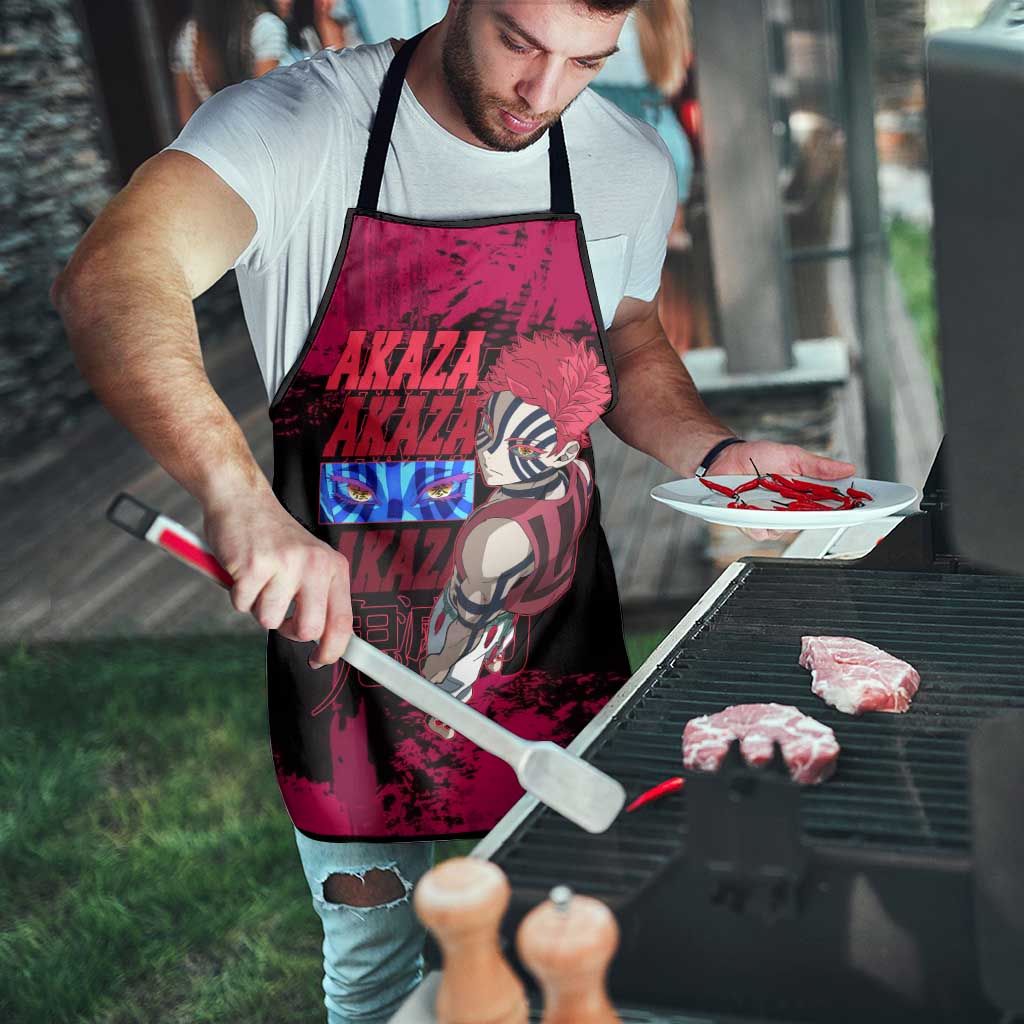 Akaza Demon Slayer Intense Eyes Design Apron with Red and Black Grunge Aesthetic and Dynamic Pose - The Mazicc