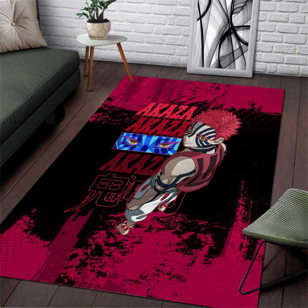 Akaza Demon Slayer Intense Eyes Design Area Rug with Red and Black Grunge Aesthetic and Dynamic Pose - The Mazicc