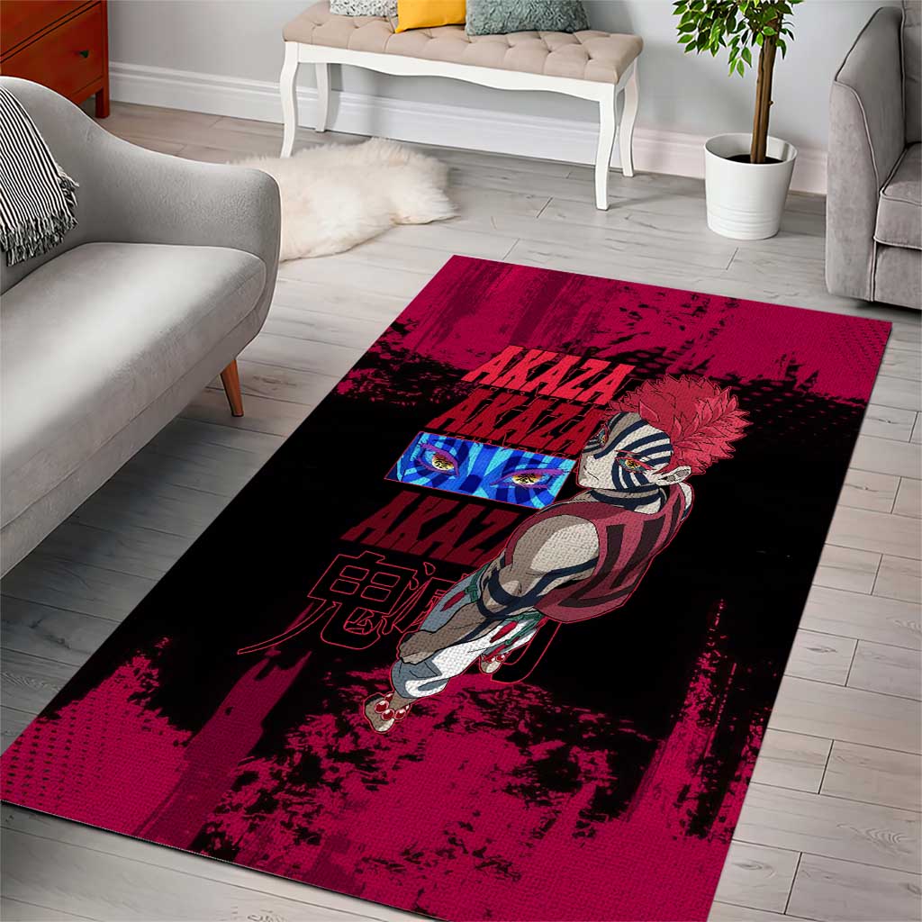 Akaza Demon Slayer Intense Eyes Design Area Rug with Red and Black Grunge Aesthetic and Dynamic Pose - The Mazicc