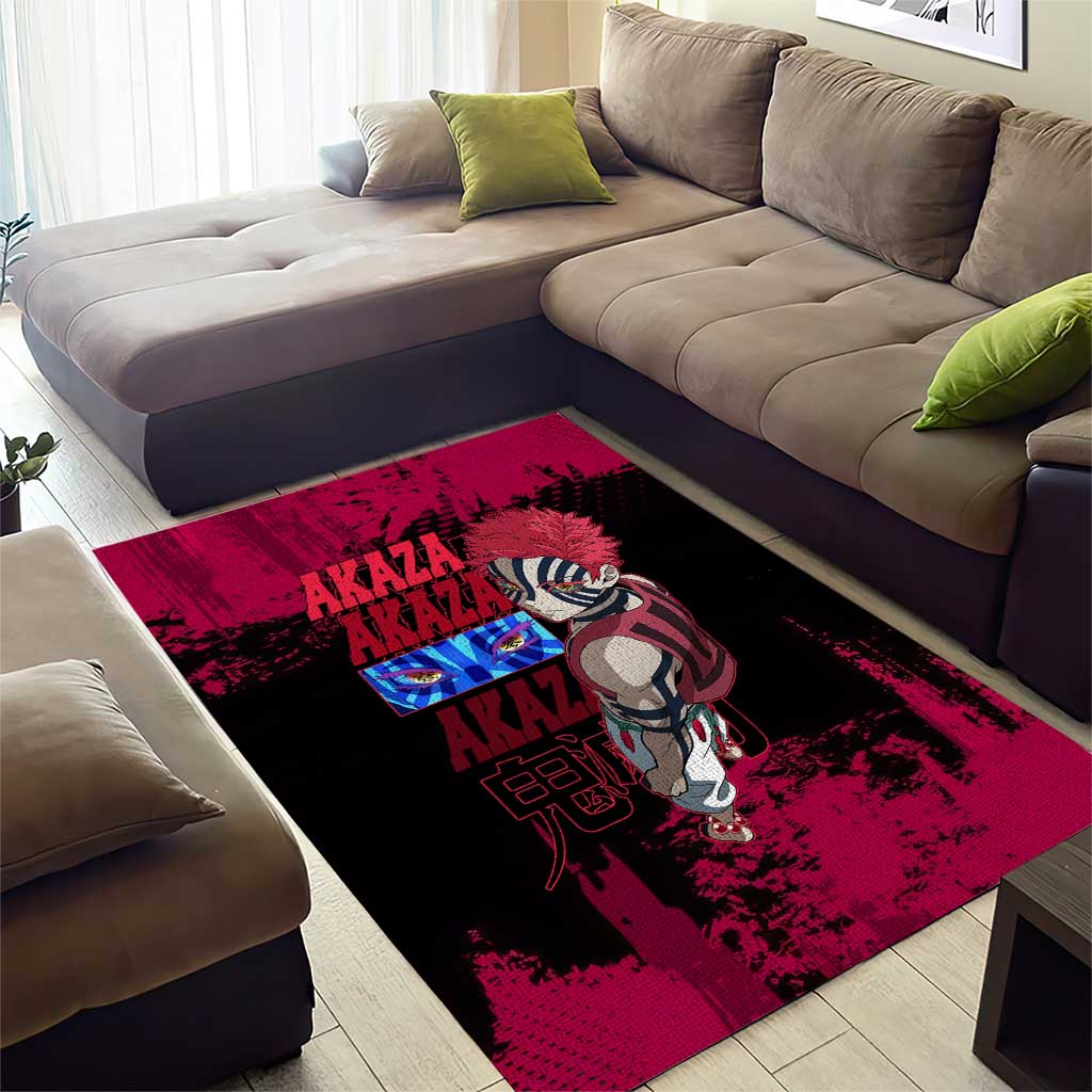 Akaza Demon Slayer Intense Eyes Design Area Rug with Red and Black Grunge Aesthetic and Dynamic Pose - The Mazicc