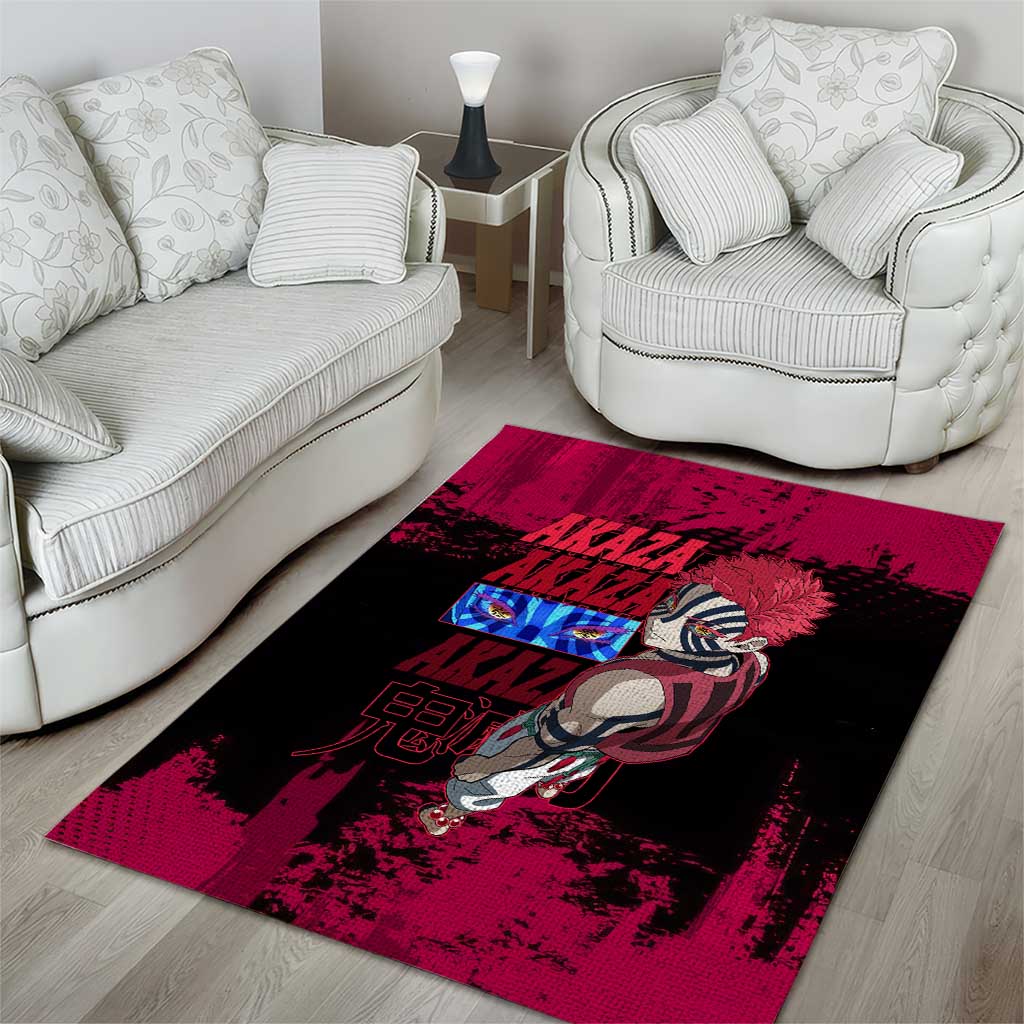 Akaza Demon Slayer Intense Eyes Design Area Rug with Red and Black Grunge Aesthetic and Dynamic Pose - The Mazicc