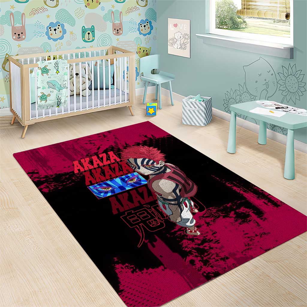 Akaza Demon Slayer Intense Eyes Design Area Rug with Red and Black Grunge Aesthetic and Dynamic Pose - The Mazicc
