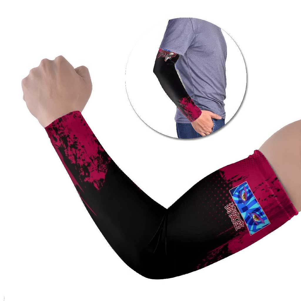 Akaza Demon Slayer Intense Eyes Design Arm Sleeves with Red and Black Grunge Aesthetic and Dynamic Pose - The Mazicc