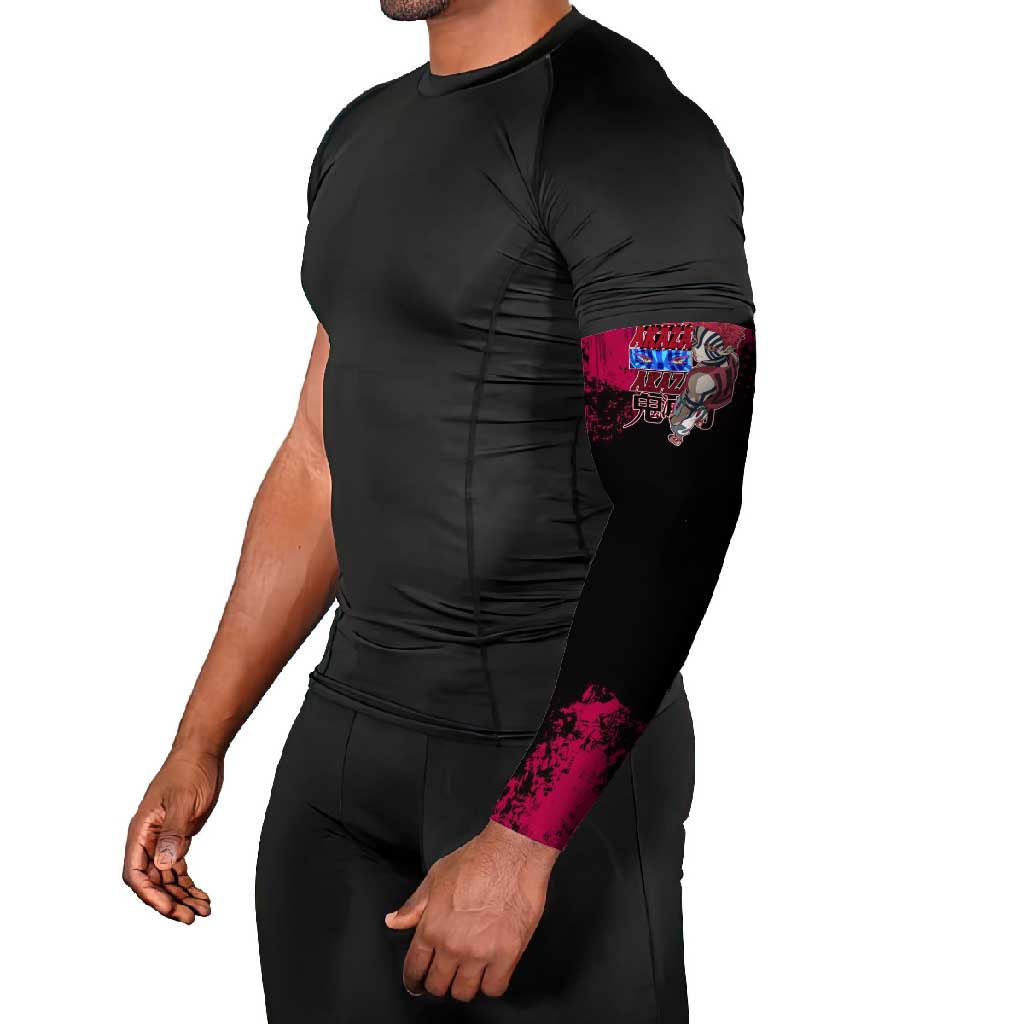 Akaza Demon Slayer Intense Eyes Design Arm Sleeves with Red and Black Grunge Aesthetic and Dynamic Pose - The Mazicc