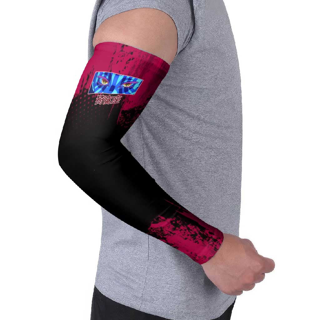 Akaza Demon Slayer Intense Eyes Design Arm Sleeves with Red and Black Grunge Aesthetic and Dynamic Pose - The Mazicc