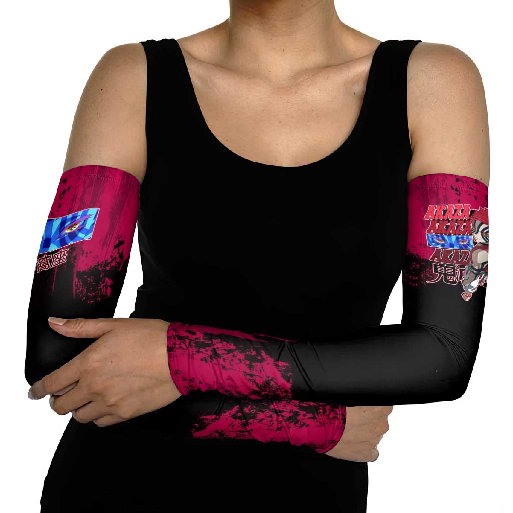 Akaza Demon Slayer Intense Eyes Design Arm Sleeves with Red and Black Grunge Aesthetic and Dynamic Pose - The Mazicc