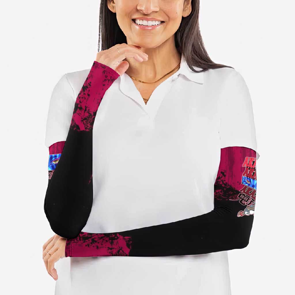 Akaza Demon Slayer Intense Eyes Design Arm Sleeves with Red and Black Grunge Aesthetic and Dynamic Pose - The Mazicc